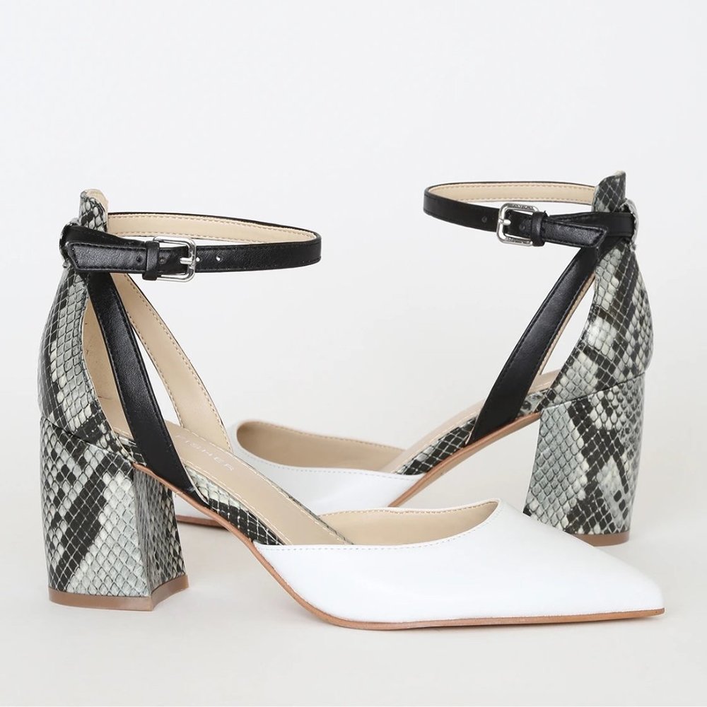 Marc Fisher Raie White Multi Snake Leather Ankle Strap Heels